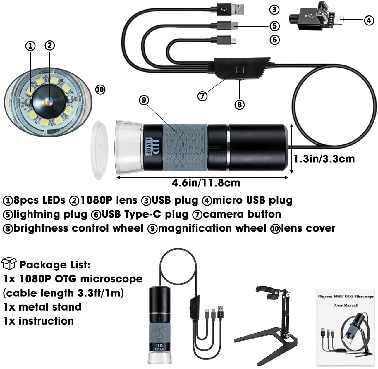 Full HD 1080P USB Digital Microscope Camera for Iphone/Ipad Android PC, 50-1000X High Definition Portable Handheld Microscope with Light for Coin Plants Trichome Soldering Skin Scalp