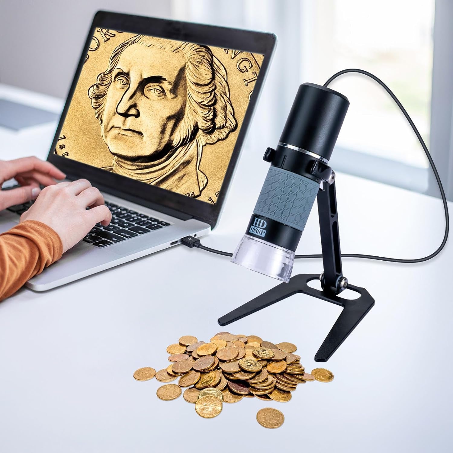 Full HD 1080P USB Digital Microscope Camera for Iphone/Ipad Android PC, 50-1000X High Definition Portable Handheld Microscope with Light for Coin Plants Trichome Soldering Skin Scalp