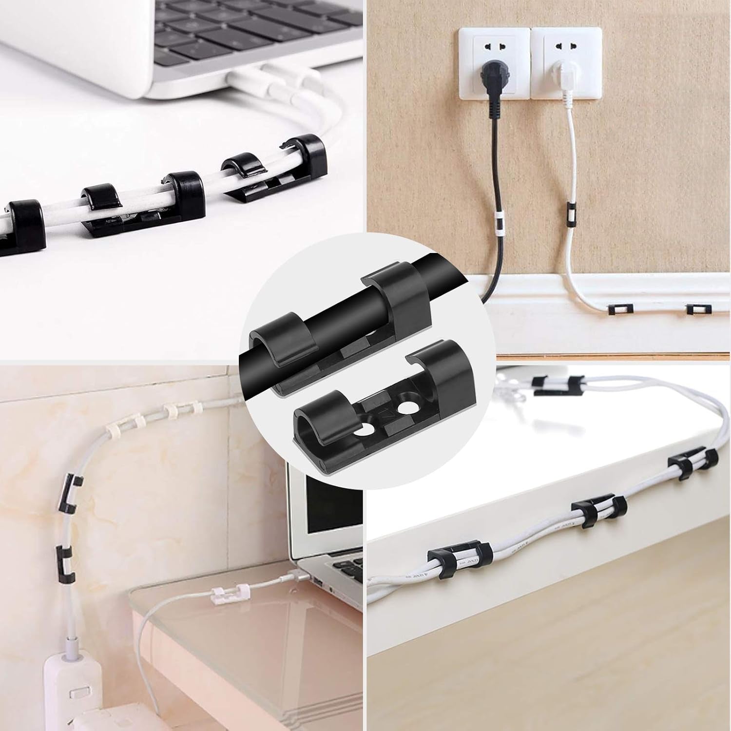 60Pcs Strong Self-Adhesive Cable Clips, Mount round Plastic Outdoor Sticky Light Clips, Cable Management Wire Holder Cord Organiser for Home Office and Car