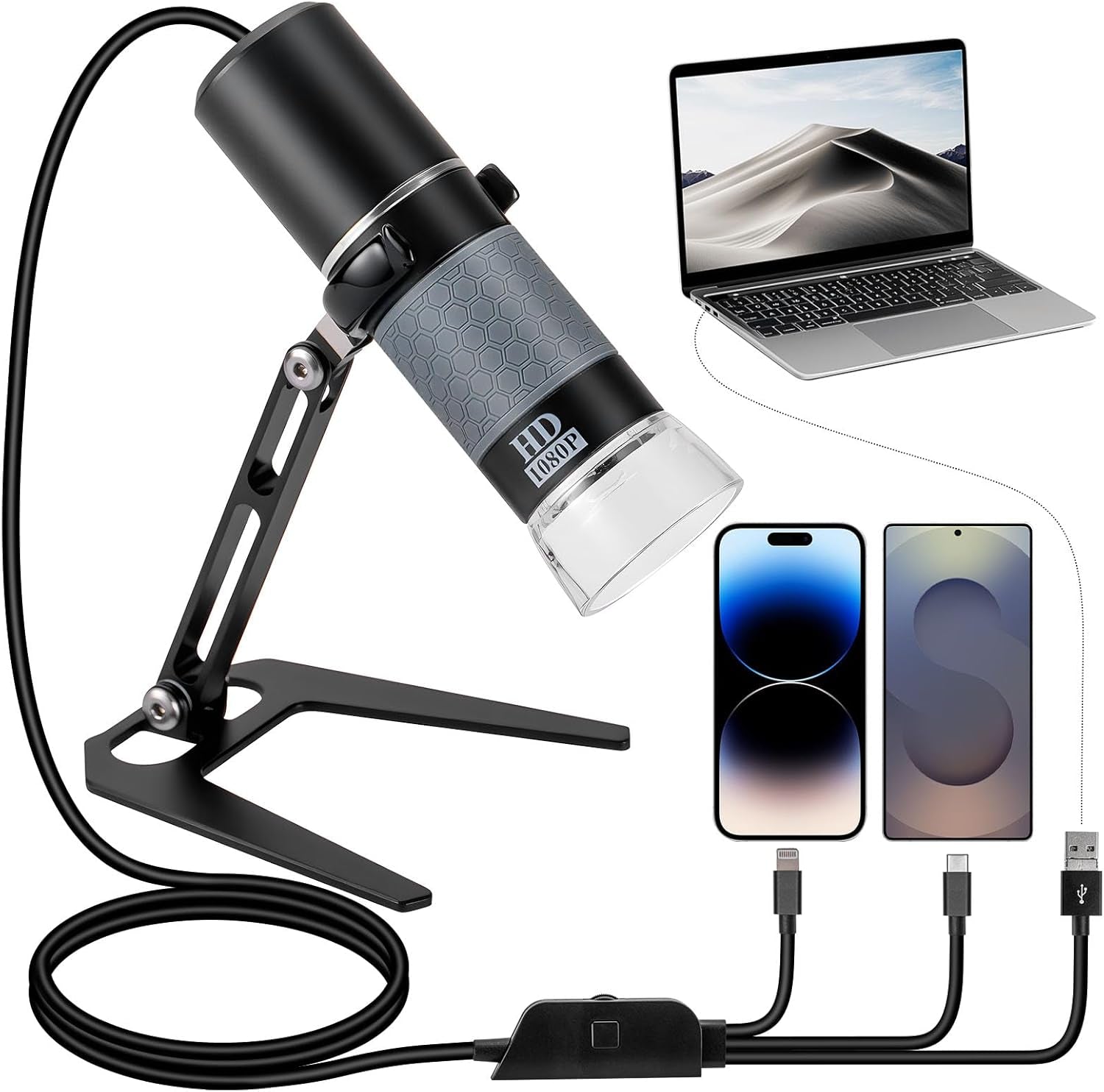Full HD 1080P USB Digital Microscope Camera for Iphone/Ipad Android PC, 50-1000X High Definition Portable Handheld Microscope with Light for Coin Plants Trichome Soldering Skin Scalp