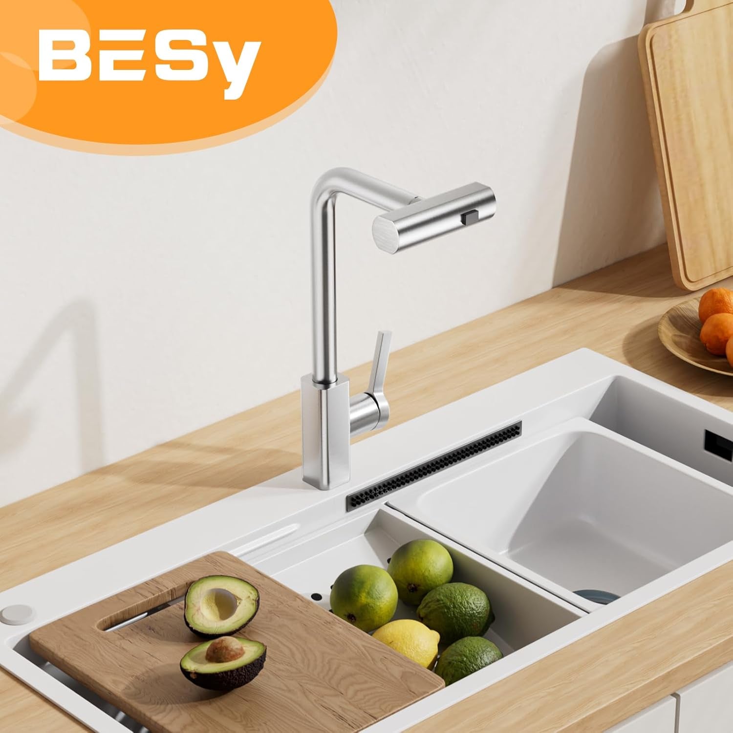 Waterfall Kitchen Tap with Pull Out Spray, 3-Function Waterfall Sink Mixer Tap, 360° Swivel Stainless Steel Kitchen Faucet, Single Lever 1-Hole Design, Brushed Nickel