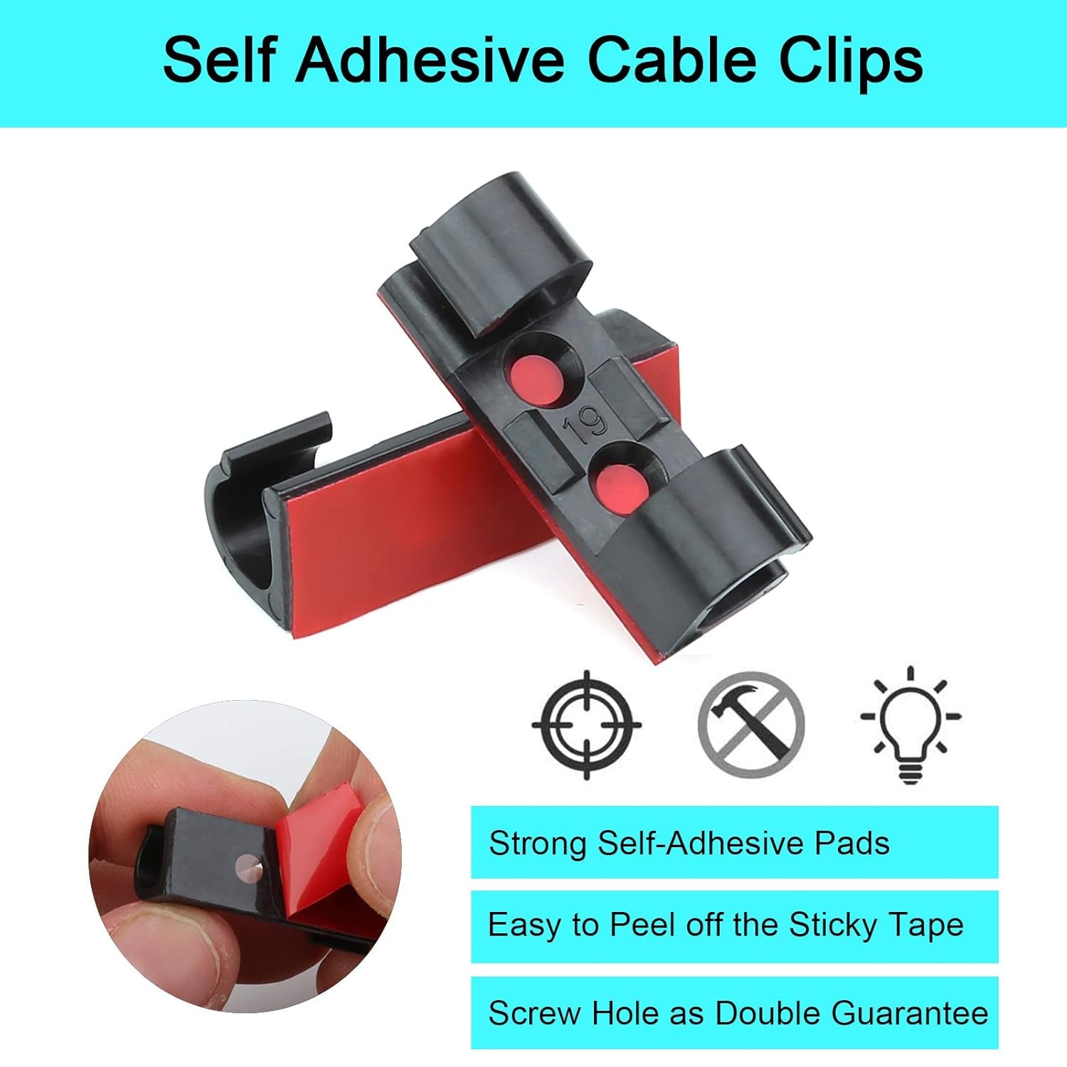 60Pcs Strong Self-Adhesive Cable Clips, Mount round Plastic Outdoor Sticky Light Clips, Cable Management Wire Holder Cord Organiser for Home Office and Car