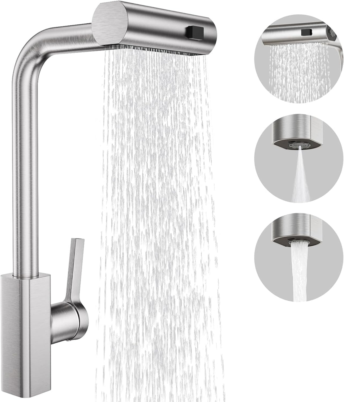 Waterfall Kitchen Tap with Pull Out Spray, 3-Function Waterfall Sink Mixer Tap, 360° Swivel Stainless Steel Kitchen Faucet, Single Lever 1-Hole Design, Brushed Nickel