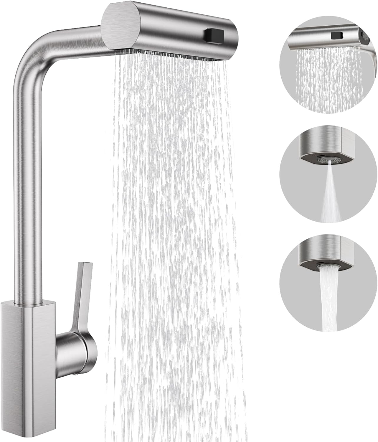 Waterfall Kitchen Tap with Pull Out Spray, 3-Function Waterfall Sink Mixer Tap, 360° Swivel Stainless Steel Kitchen Faucet, Single Lever 1-Hole Design, Brushed Nickel