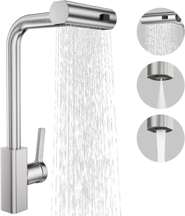 Waterfall Kitchen Tap with Pull Out Spray, 3-Function Waterfall Sink Mixer Tap, 360° Swivel Stainless Steel Kitchen Faucet, Single Lever 1-Hole Design, Brushed Nickel