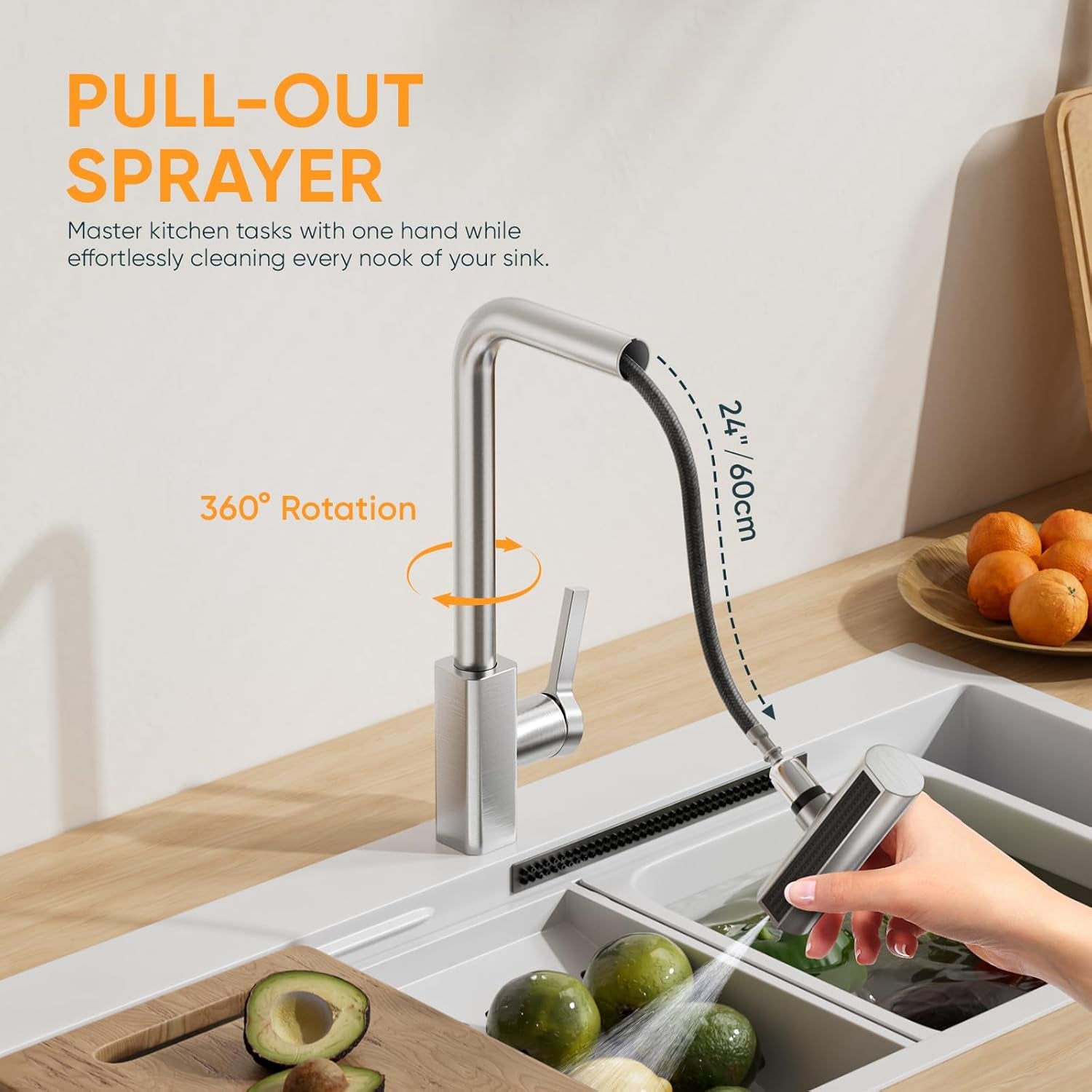 Waterfall Kitchen Tap with Pull Out Spray, 3-Function Waterfall Sink Mixer Tap, 360° Swivel Stainless Steel Kitchen Faucet, Single Lever 1-Hole Design, Brushed Nickel