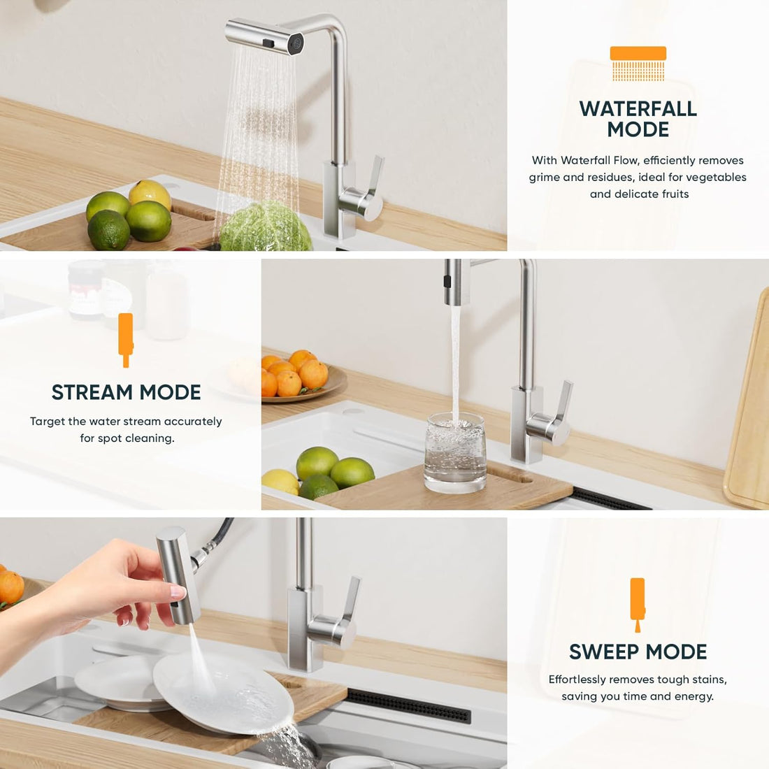 Waterfall Kitchen Tap with Pull Out Spray, 3-Function Waterfall Sink Mixer Tap, 360° Swivel Stainless Steel Kitchen Faucet, Single Lever 1-Hole Design, Brushed Nickel