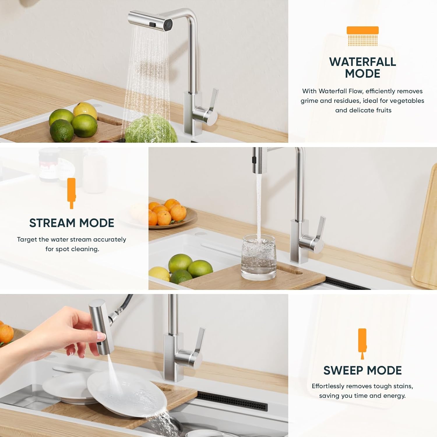 Waterfall Kitchen Tap with Pull Out Spray, 3-Function Waterfall Sink Mixer Tap, 360° Swivel Stainless Steel Kitchen Faucet, Single Lever 1-Hole Design, Brushed Nickel