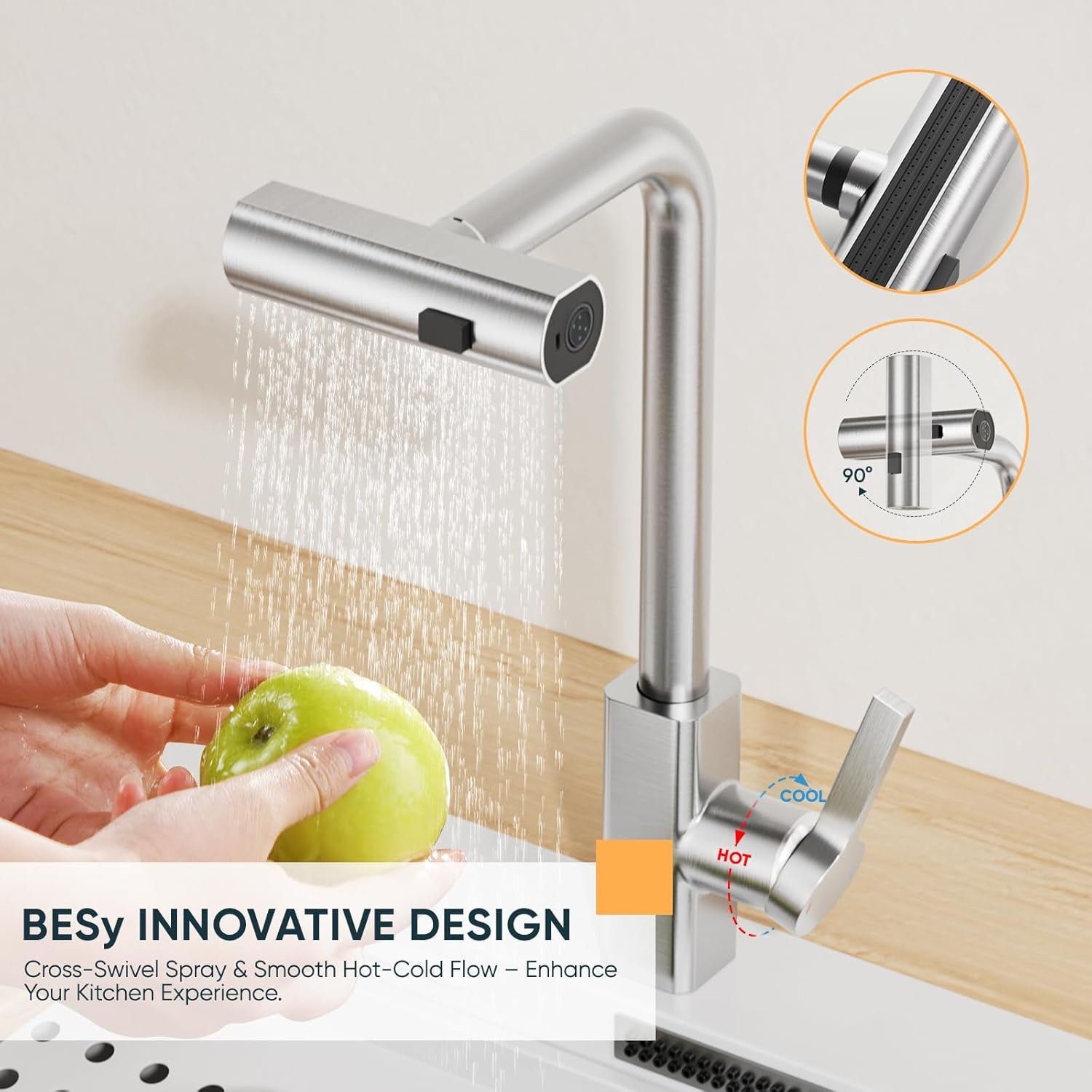 Waterfall Kitchen Tap with Pull Out Spray, 3-Function Waterfall Sink Mixer Tap, 360° Swivel Stainless Steel Kitchen Faucet, Single Lever 1-Hole Design, Brushed Nickel
