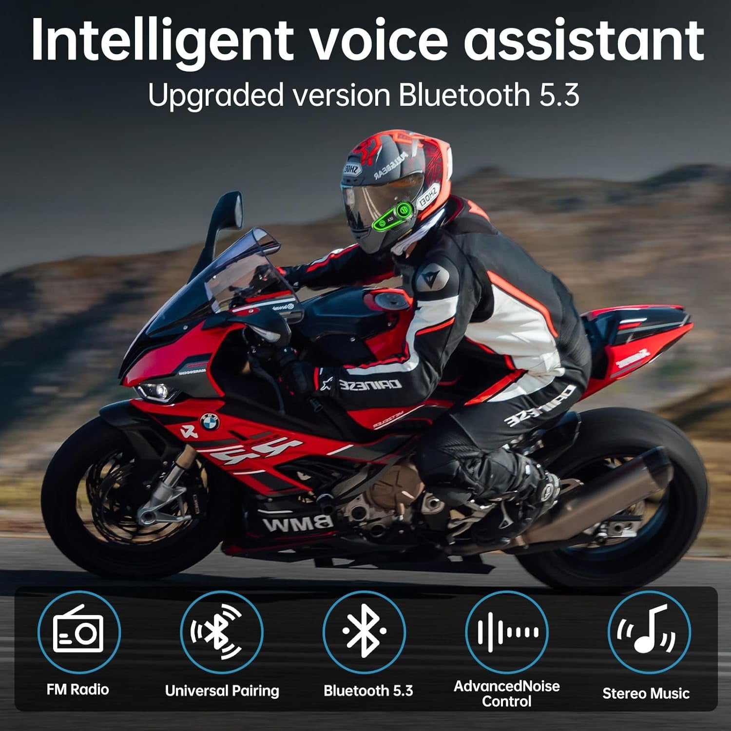 Motorcycle Helmet Speakers with Voice Assistant,Motorbike Headset IPX67 Waterproof/Bluetooth 5.3/1200Mah Long Battery Life, Bluetooth Helmet Headset Compatible with Most Helmets