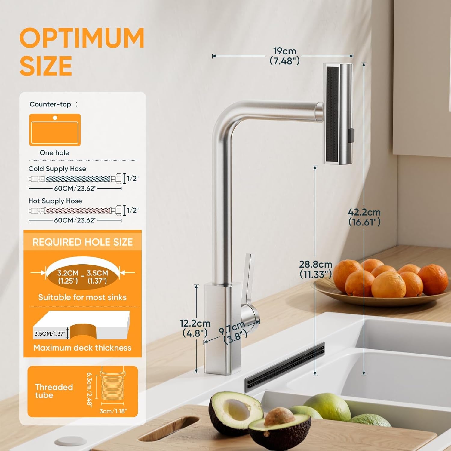 Waterfall Kitchen Tap with Pull Out Spray, 3-Function Waterfall Sink Mixer Tap, 360° Swivel Stainless Steel Kitchen Faucet, Single Lever 1-Hole Design, Brushed Nickel
